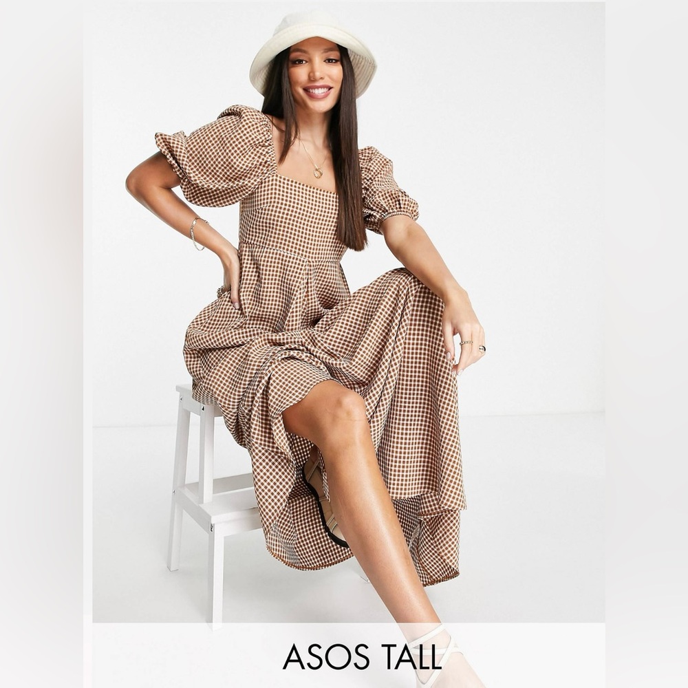 ASOS DESIGN Tall trapeze maxi dress in brown gingham